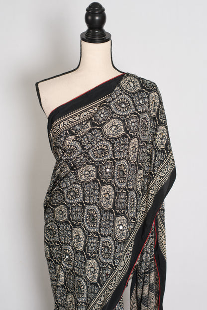 Ishq : Trending Black and Gray Semi Modal Silk Ajrakh Saree image 5