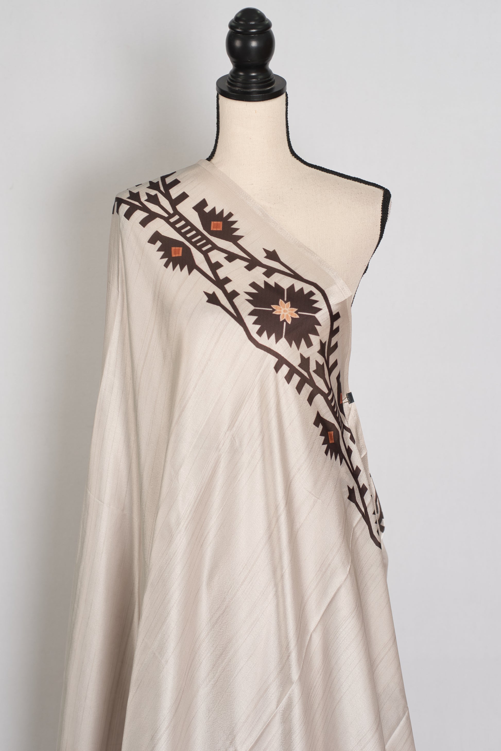 Rita | Cement White Soft Satin Saree with Traditional Kolka Prints image 4
