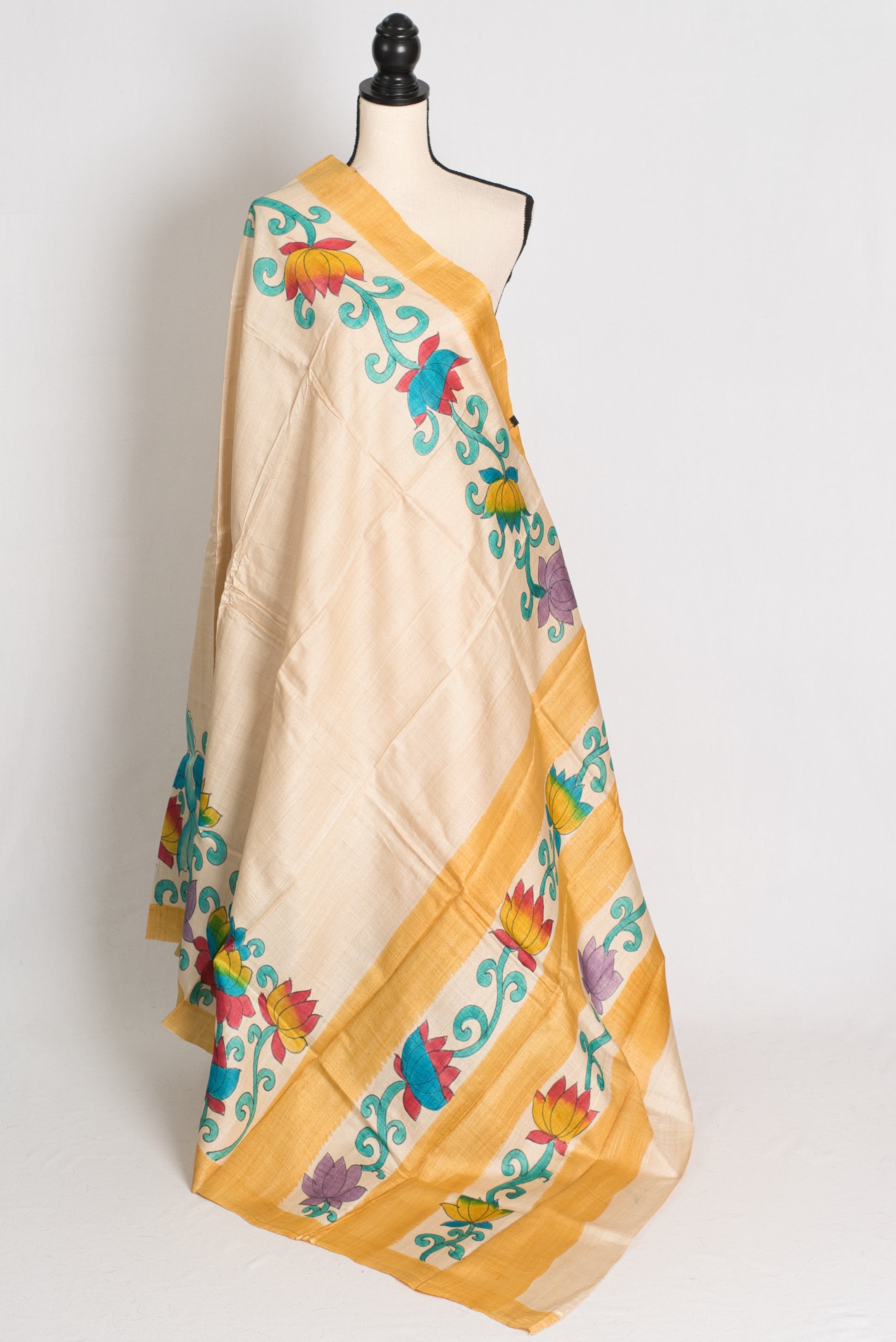 Mala : Hand Painted Kalamkari Tussar Silk Saree in Cream and Yellow image 1