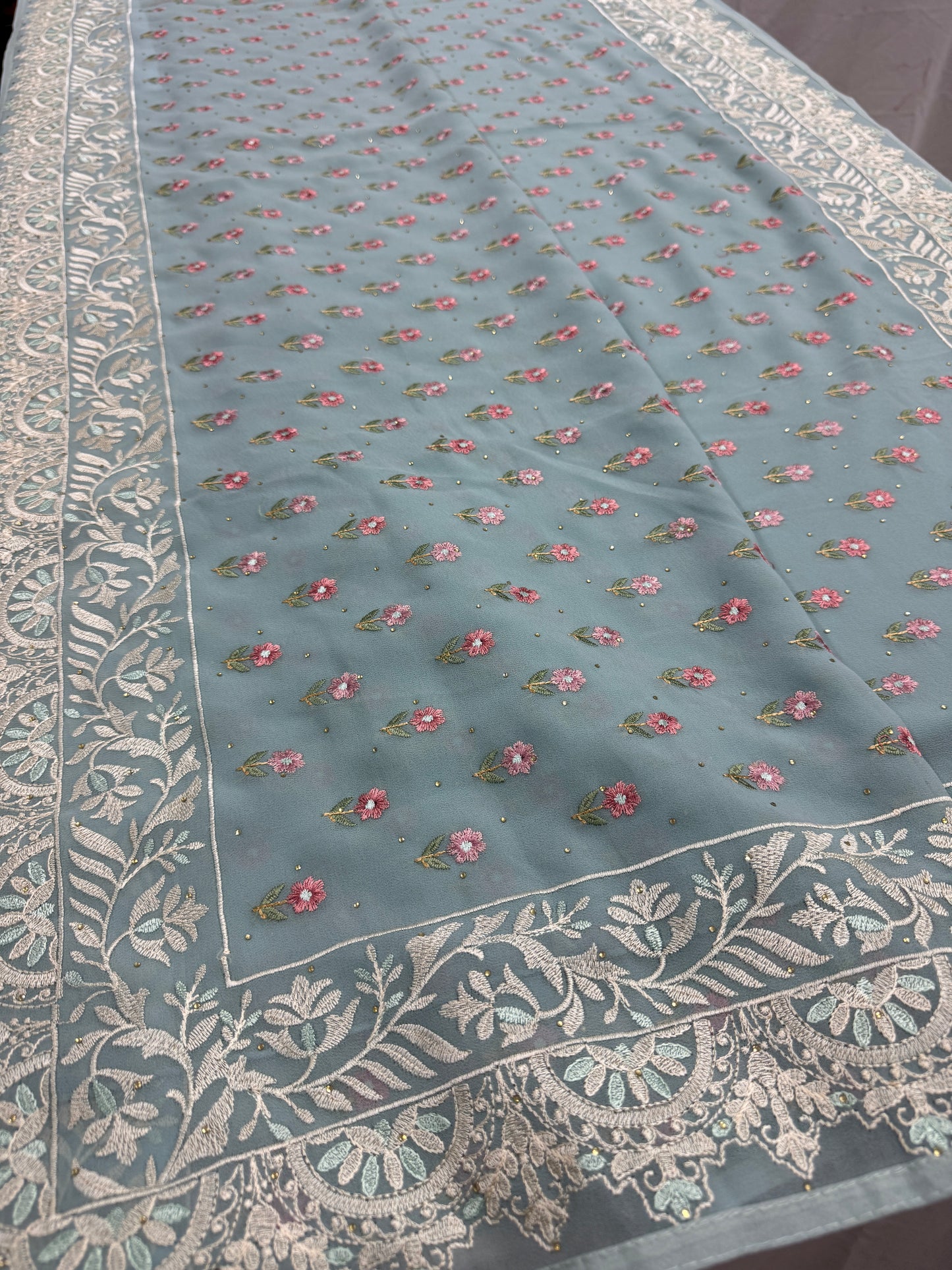 Grace | Sky Blue Georgette Partywear Saree | Pastel Floral Booti Embroidery image 5