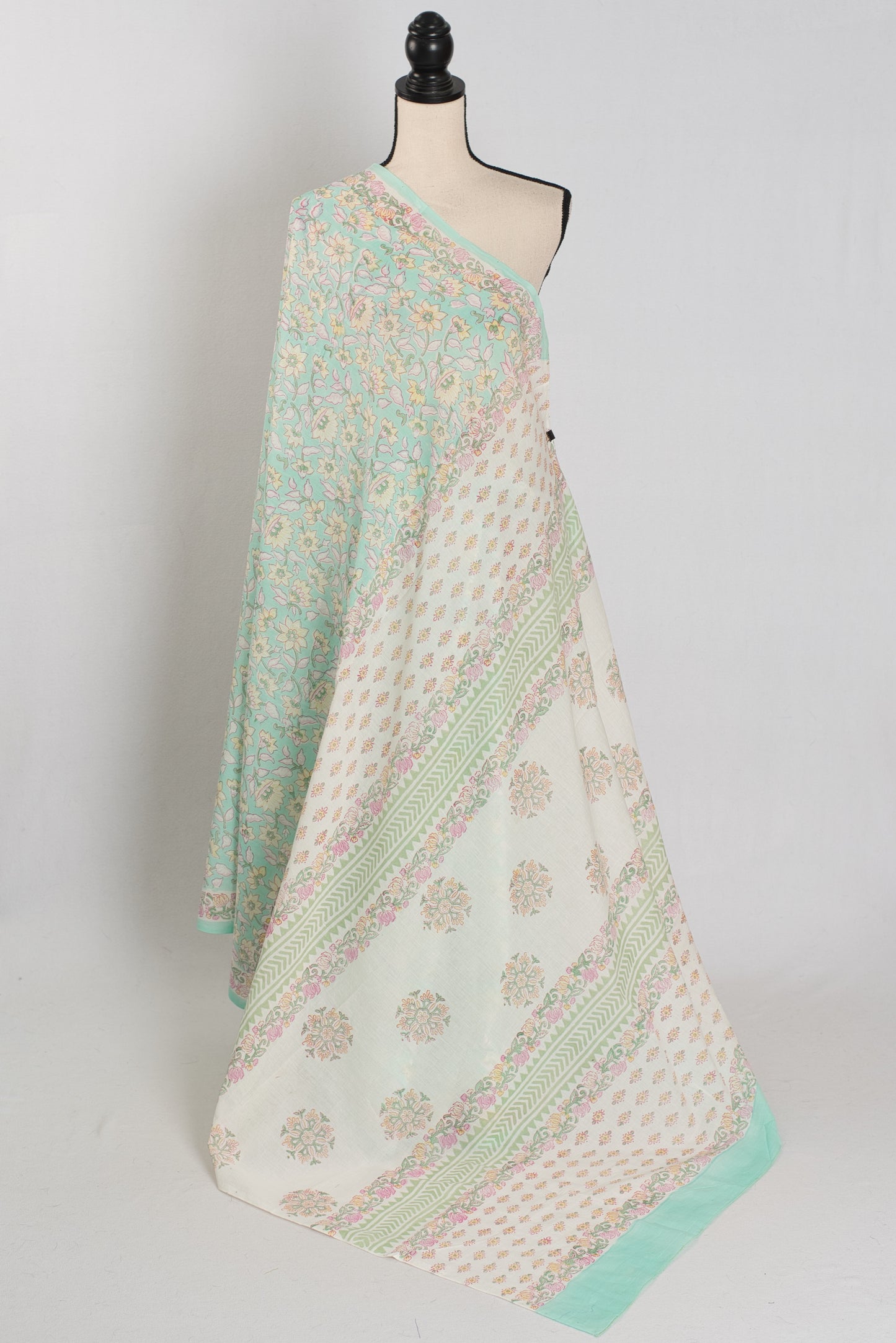 Nidhi: Sea Green & White Mulmul Cotton Saree | Premium Kalamkari Print image 1