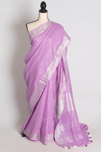 Vibha : Lilac Pure Linen Saree with Silver Zari Border image 0