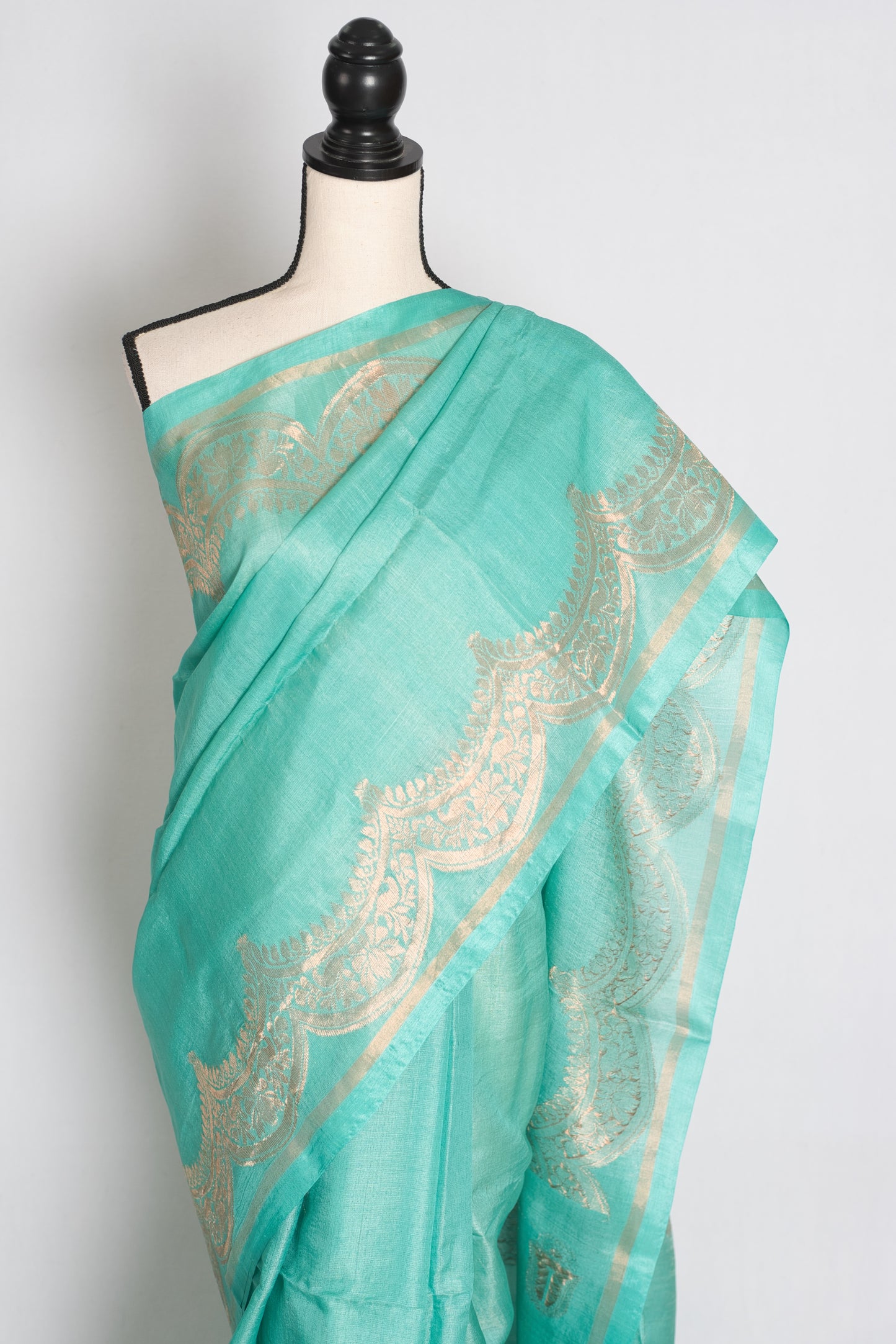 Mani : Sea Green & Gold Bengal Tussar Silk Saree with 36 Size Stitched Blouse image 4