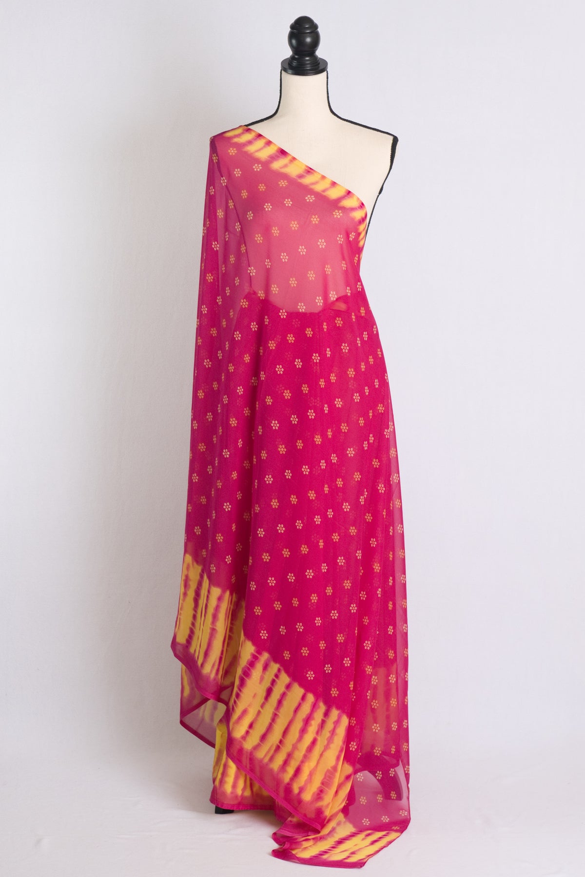 Chiffon Chunri Saree in Dark Pink and Yellow image 1
