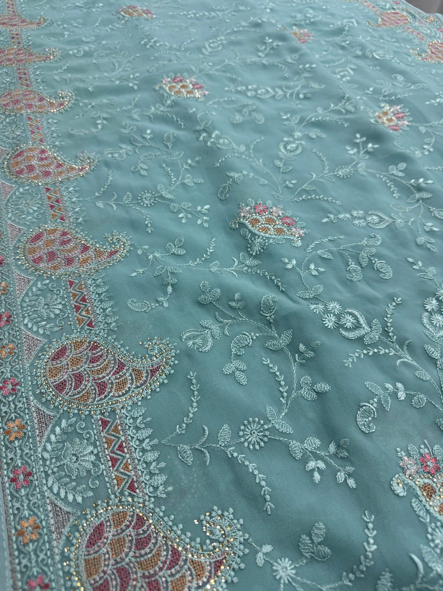 Sudha | Soft Blue Georgette Partywear Saree | Soothing Pastel Floral Embroidery image 2