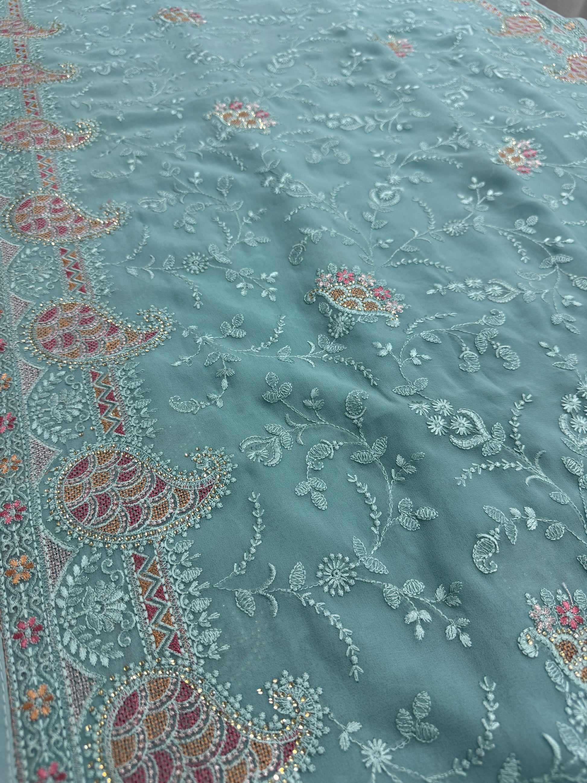 Sudha | Soft Blue Georgette Partywear Saree | Soothing Pastel Floral Embroidery image 2