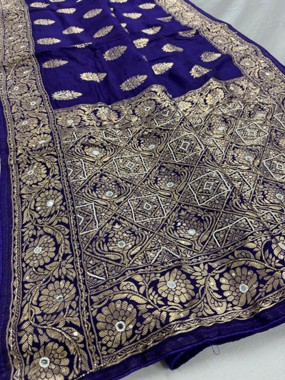 Mayuri : Hand Embroidery Soft Dola Silk Banarasi Saree in Bluish Purple image 4