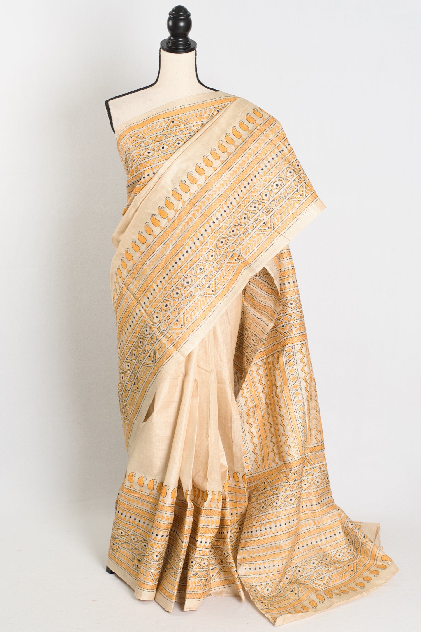 Suchitra : Hand Embroidery Tussar Silk Kantha Stitch Saree in Beige and Yellow image 0
