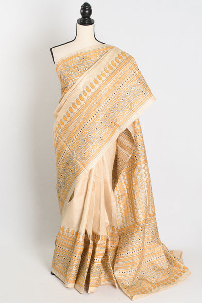 Suchitra : Hand Embroidery Tussar Silk Kantha Stitch Saree in Beige and Yellow image 0