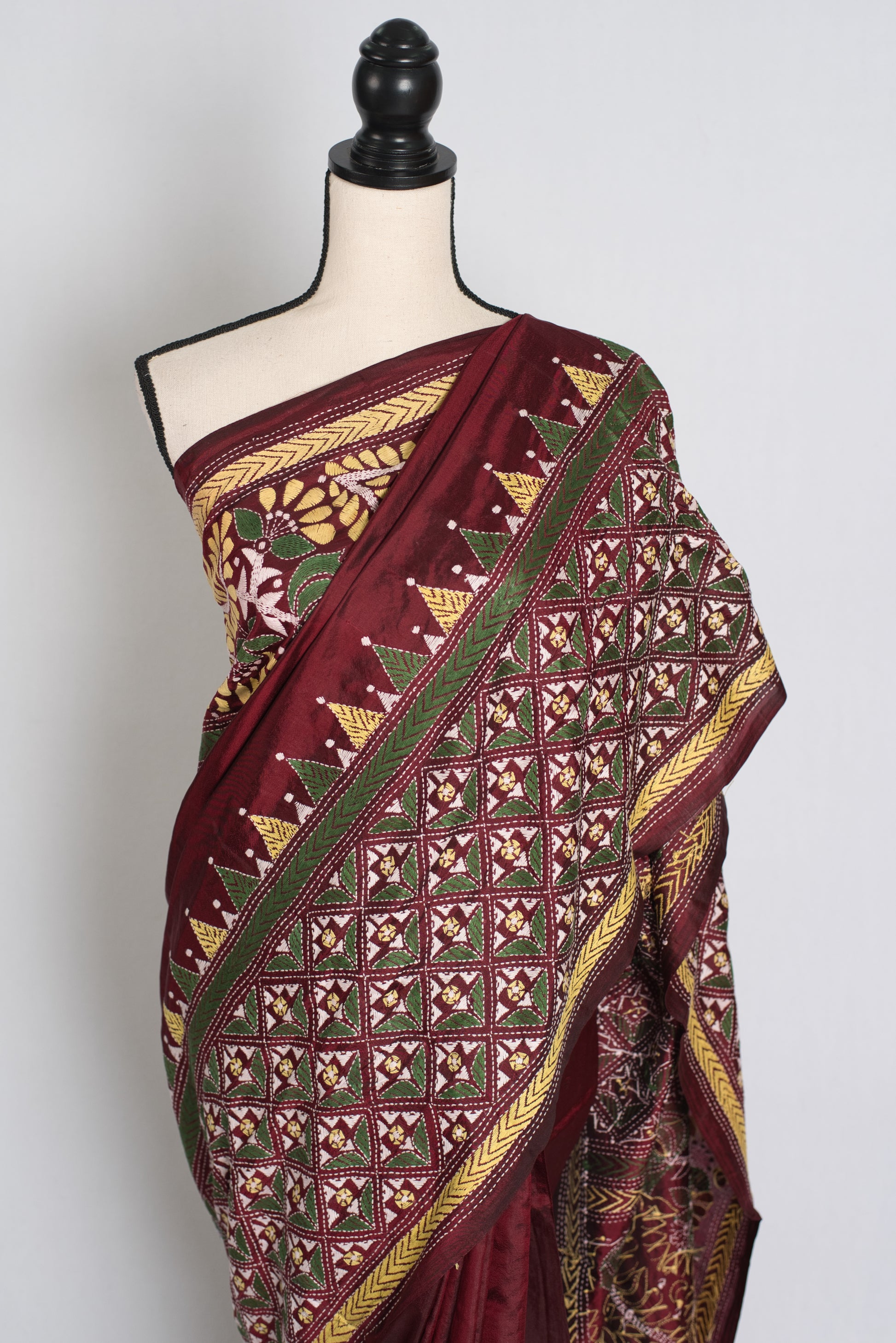 Bina : Dark Red Silk Mark Certified Hand Embroidery Kantha Stitch Saree image 5