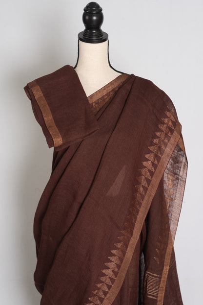 Keya : Dark Brown and Antique Gold Handwoven Linen by Linen Jamdani Saree image 2