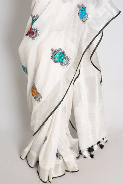 Durga : White Pure Linen Saree with Colorful Durga Face Machine Embroidery image 6
