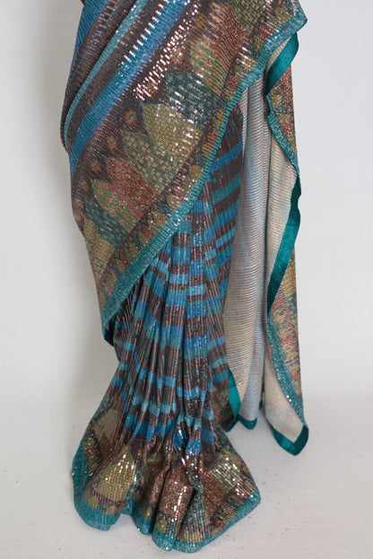 Eva | Metallic Blue & Multi-Tone Sequin Saree | Perfect Cocktail Wear image 5