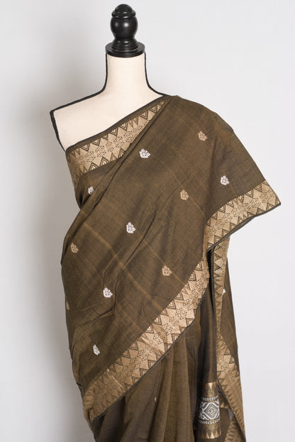 Mala : Snuff Brown Pure Cotton Assamese Handloom Saree image 6