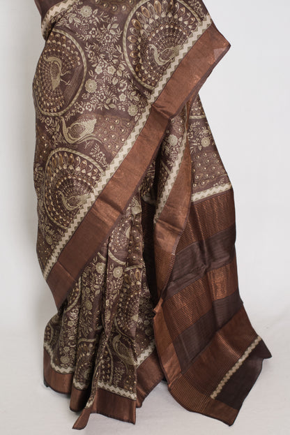 Kala | Earthy Brown Pure Tussar Silk Saree | Heritage Kalamkari Art Prints image 5