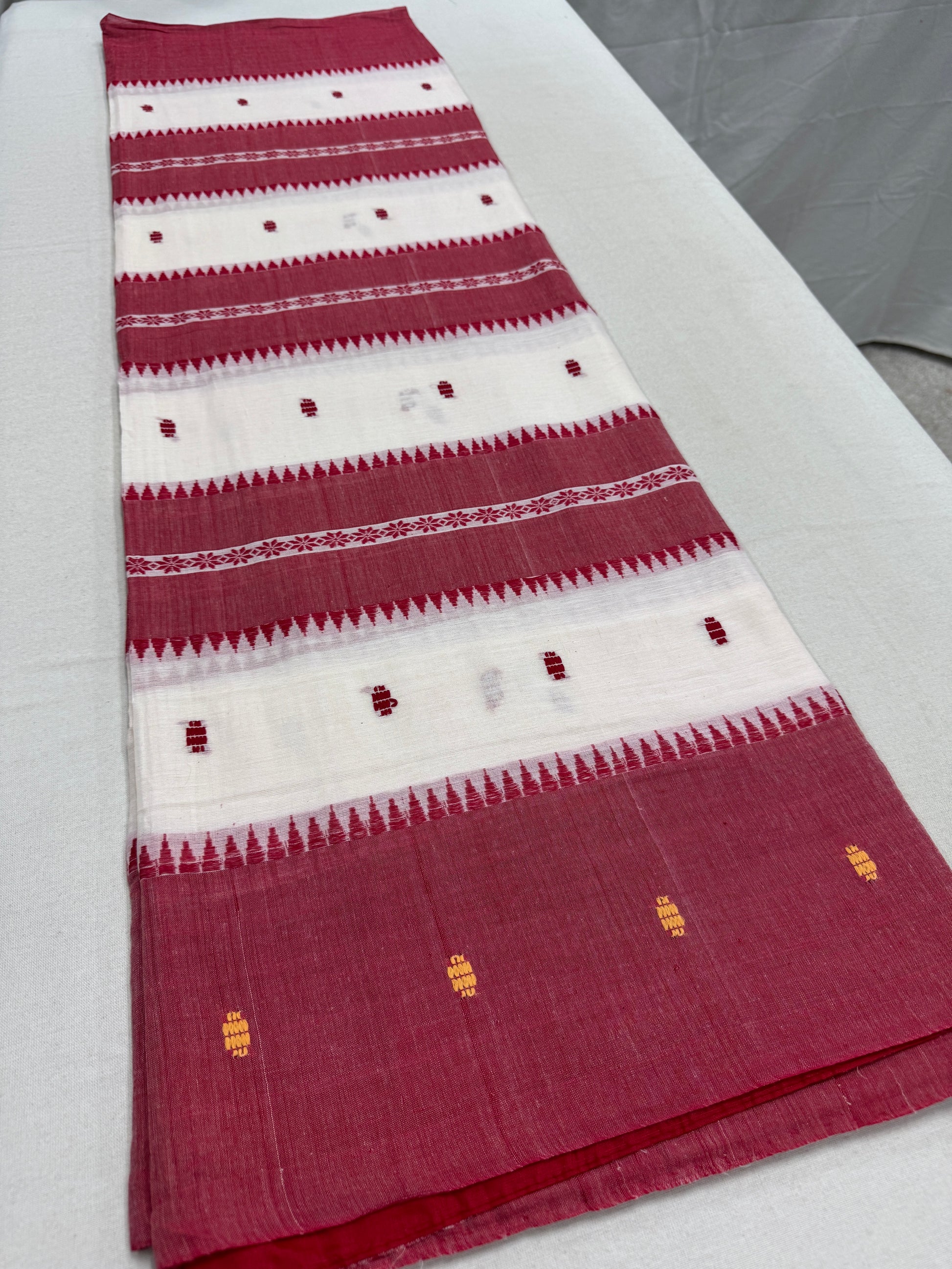 Sohini : White and Red Horizontal Stripes Dhaniakhali Soft Cotton Saree image 1
