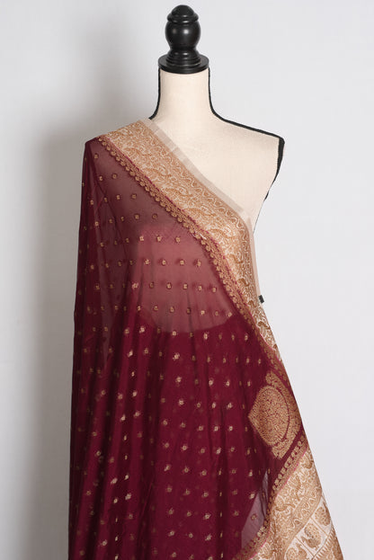 Savita: Maroon Semi Georgette Banarasi Saree with White Border image 3