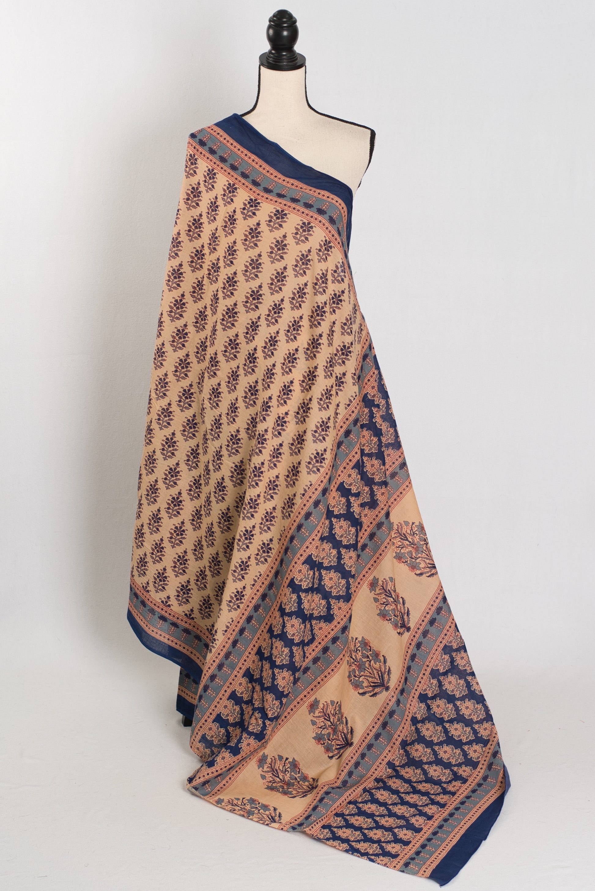 Jia: Beige & Blue Kalamkari Printed Mulmul Cotton Saree image 1