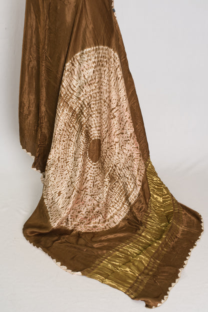 Banu: Brown Hand Shibori Modal Silk Designer Saree | Bollywood Style image 3
