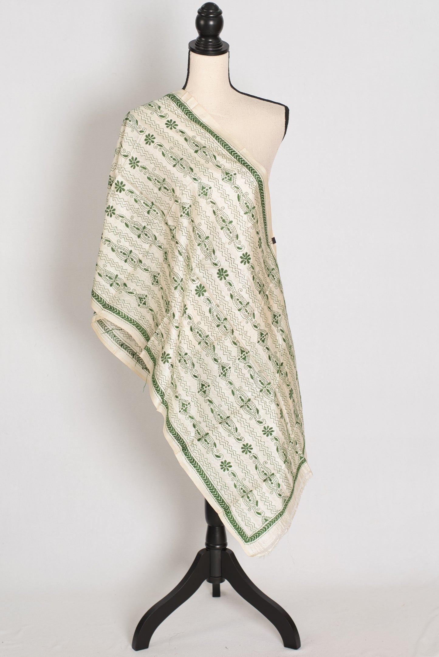 Shila : Tussar Silk Stole with Hand Embroidery Kantha Stitch – Beige and Green image 1