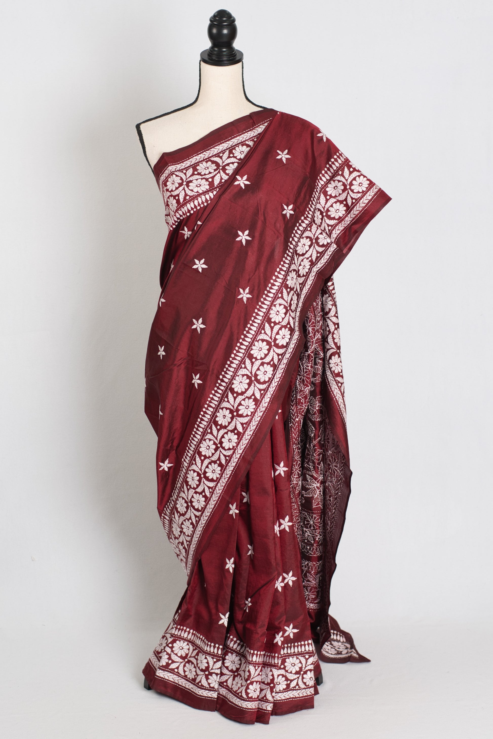 Sarini : Silk Mark Certified Maroon Hand Embroidery Kantha Stitch Silk Saree image 0
