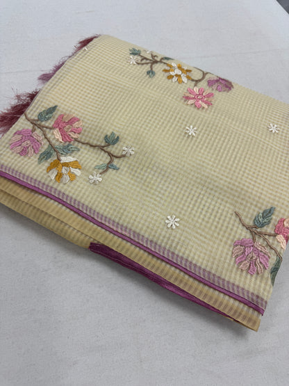 Srija | Yellow Floral Embroidery Blended Cotton Kota Saree image 1