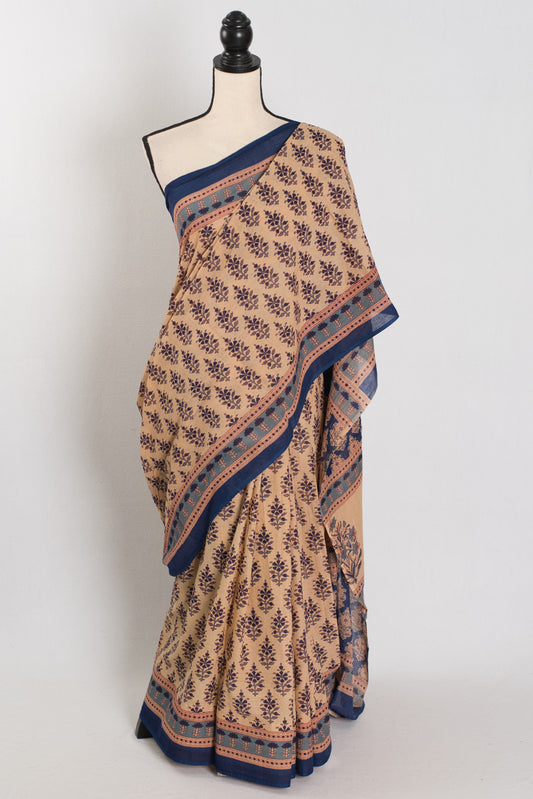 Jia: Beige & Blue Kalamkari Printed Mulmul Cotton Saree image 0