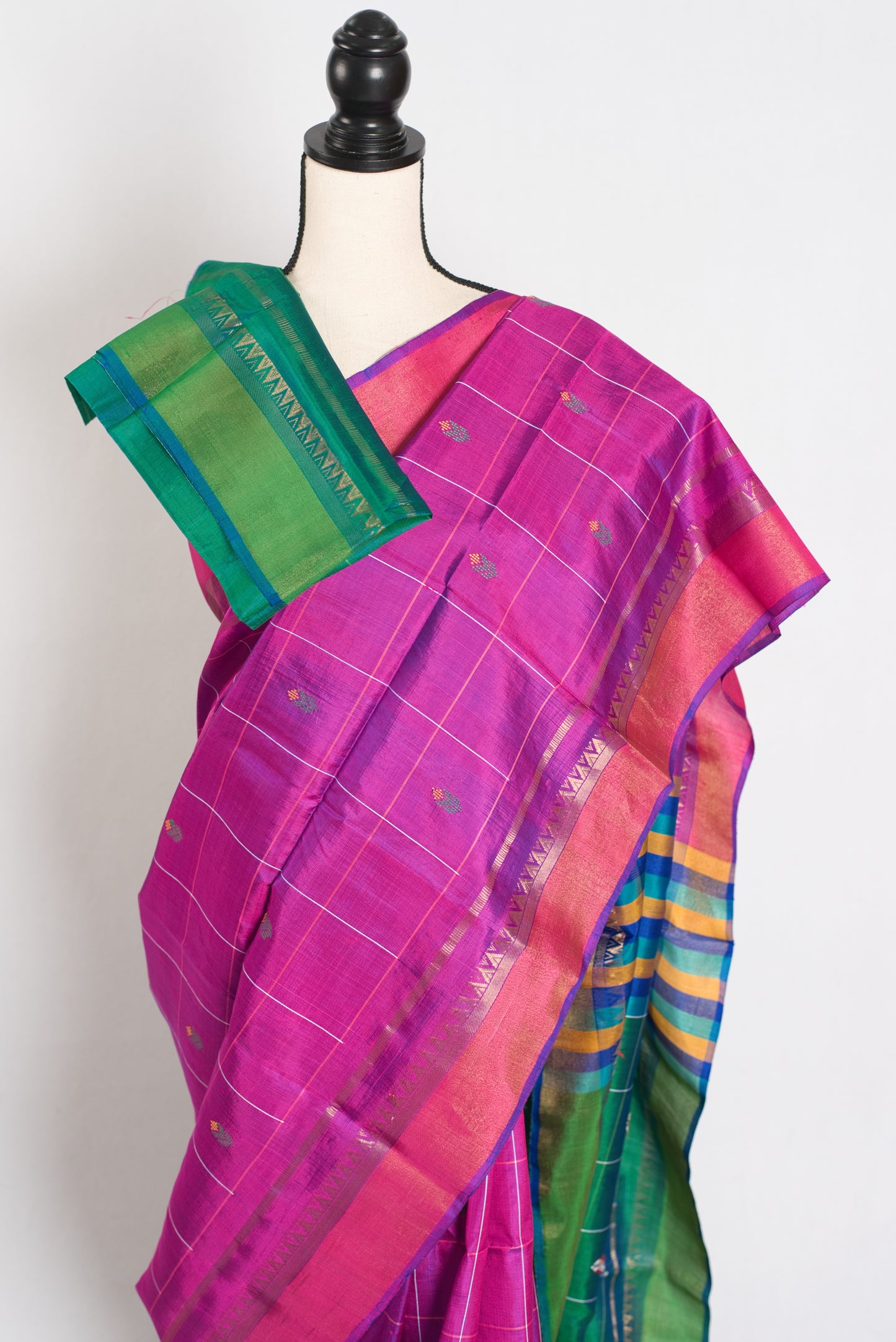 Nina : Lightweight Bishnupur Katan Silk Saree in Purple and Green image 2