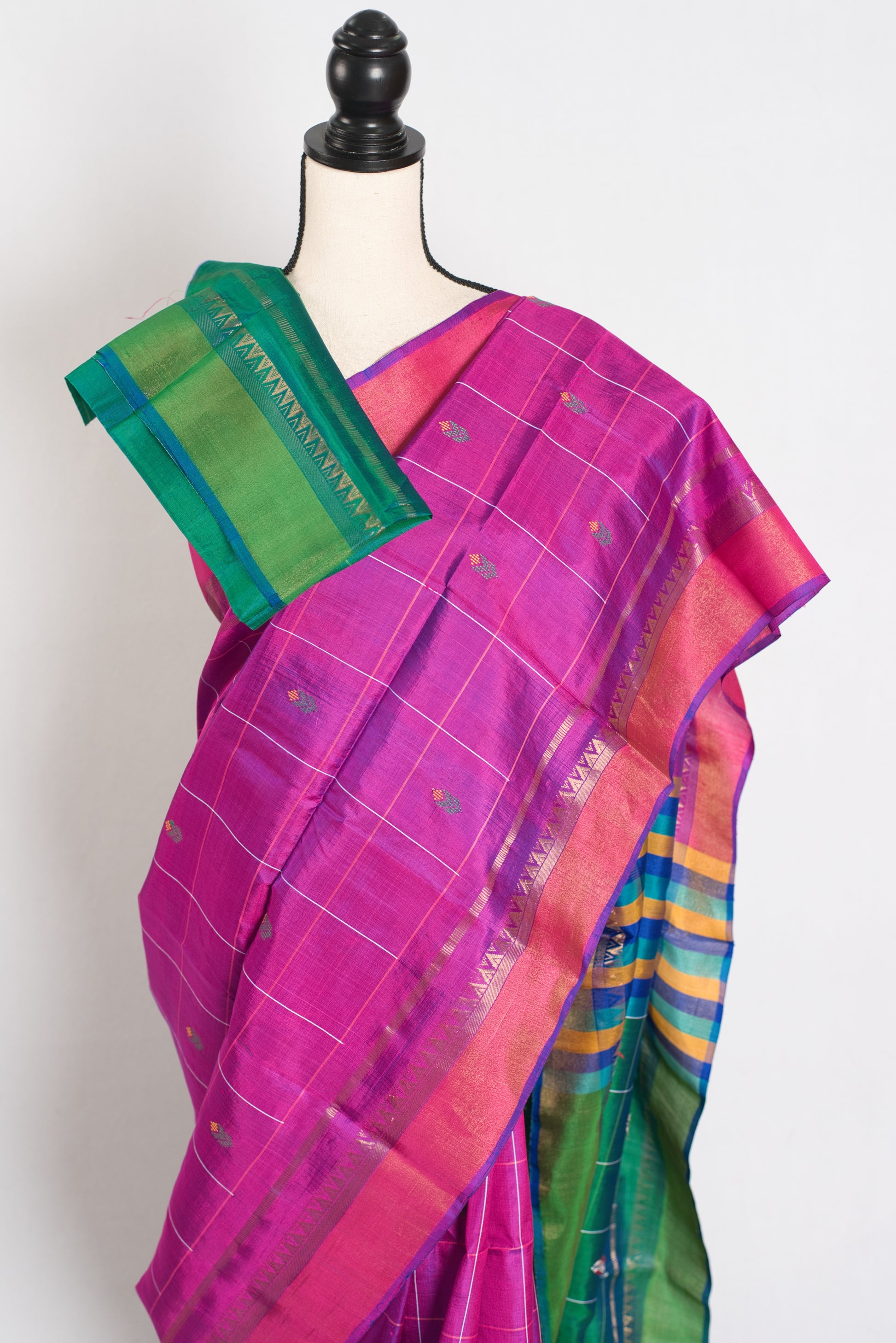 Nina : Lightweight Bishnupur Katan Silk Saree in Purple and Green image 2