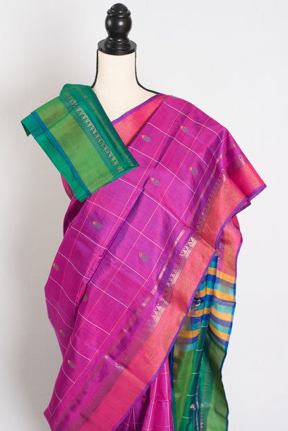 Nina : Lightweight Bishnupur Katan Silk Saree in Purple and Green image 2