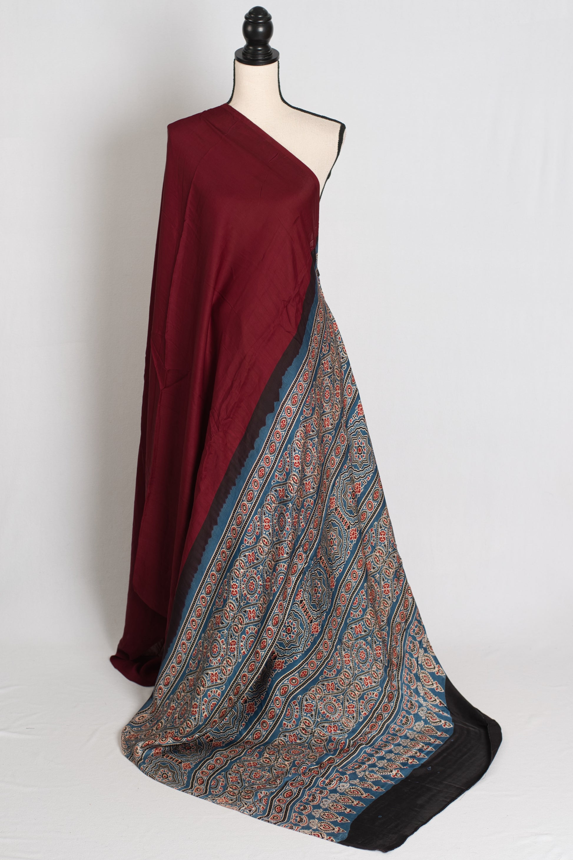 Leela : Dark Red Hand Block Printed Pure Modal Silk Ajrakh Saree image 1