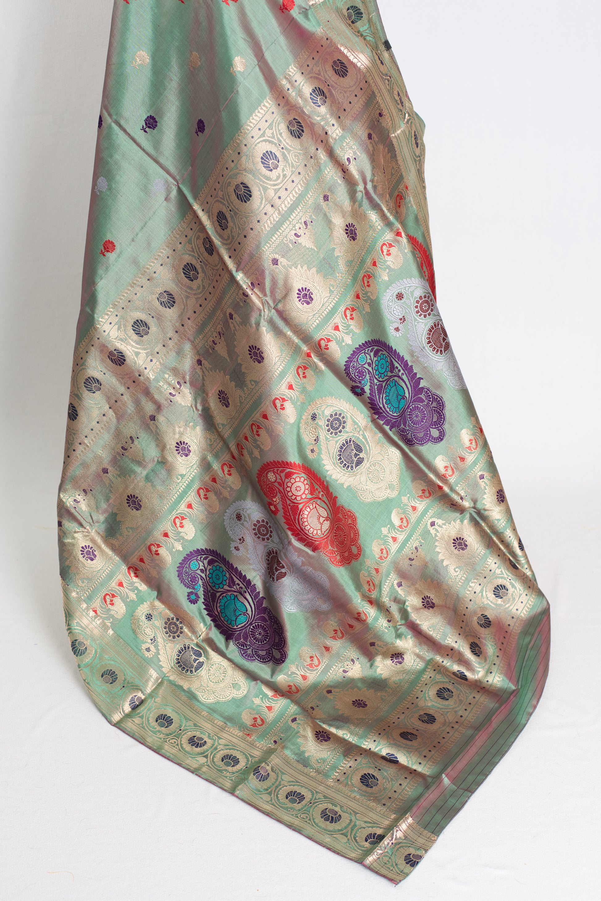 Aahiri : Heritage Revival Baluchari Silk Saree from Bengal  in English Green image 3