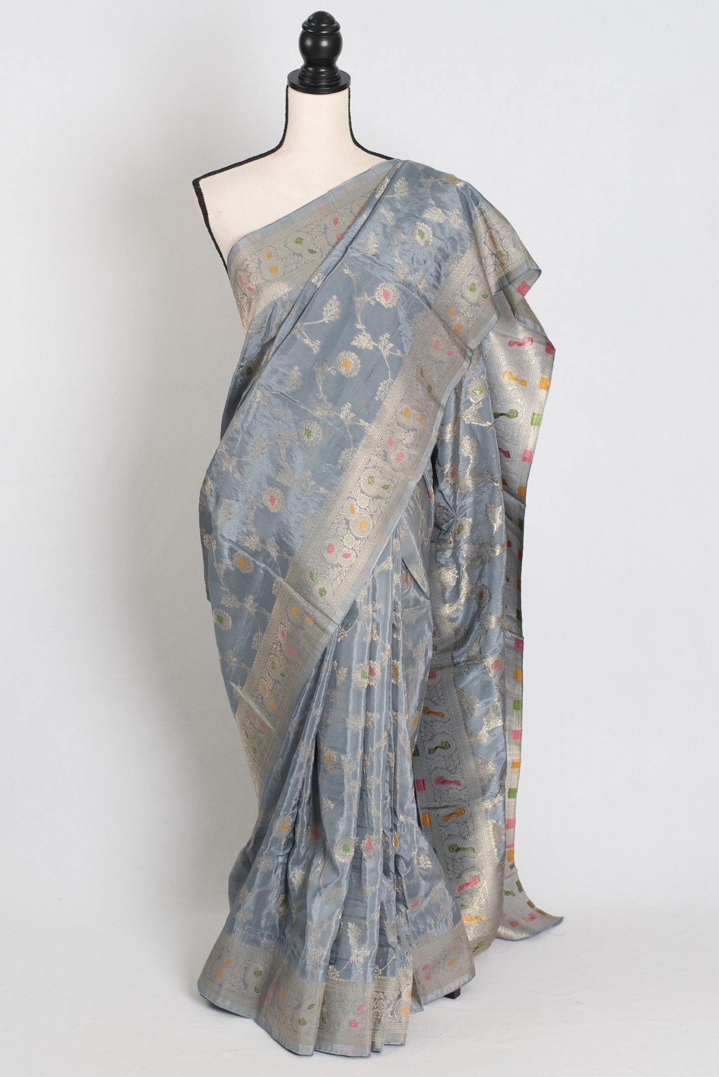 Damini : Semi Crepe Silk Jaal Banarasi Saree in Grey and Muted Gold image 0