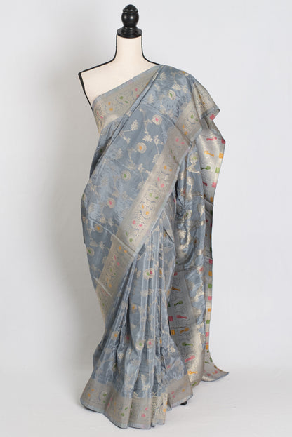 Damini : Semi Crepe Silk Jaal Banarasi Saree in Grey and Muted Gold image 0
