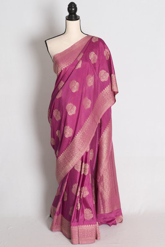 Sree: Purple Semi Georgette Banarasi Saree with 38 Size Stitched Blouse image 0