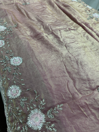 Mahi : Hand Embroidery Soft Tissue Designer Saree in Frosted Pink image 5