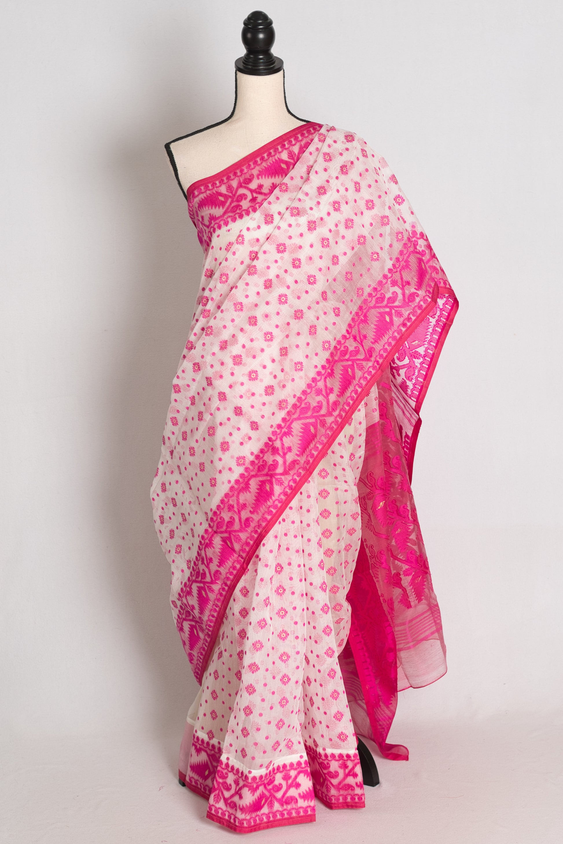 Niva : White and Pink Soft Blended Cotton Bengali Jamdani Saree image 0