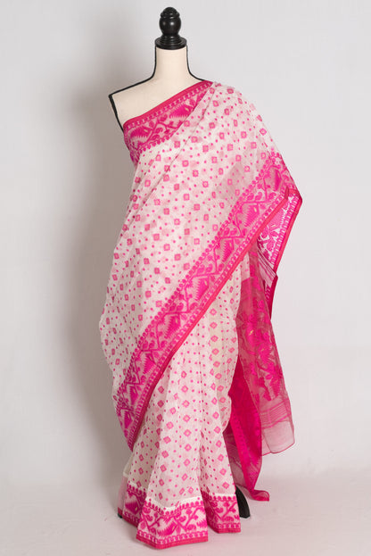 Niva : White and Pink Soft Blended Cotton Bengali Jamdani Saree image 0