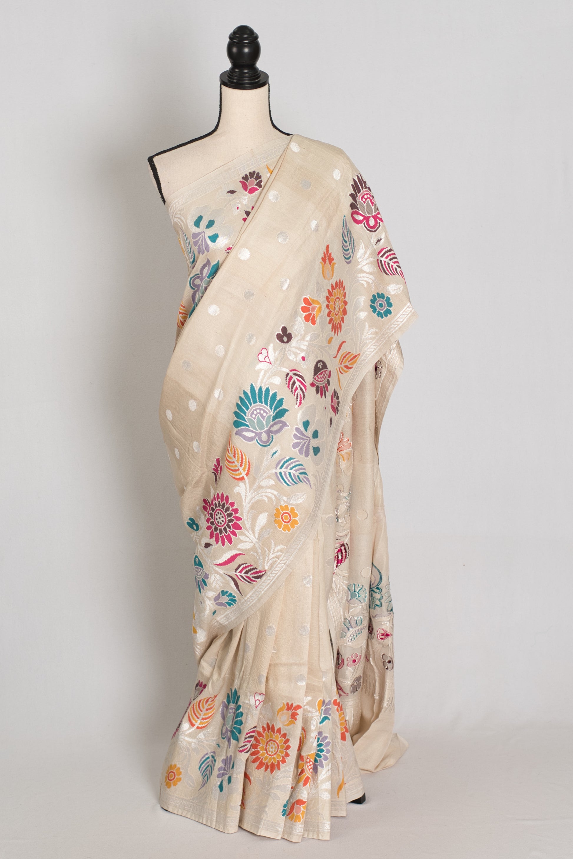 Afrin : Beige Tussar Georgette Banarasi Saree with Paithani Minakari Border image 0