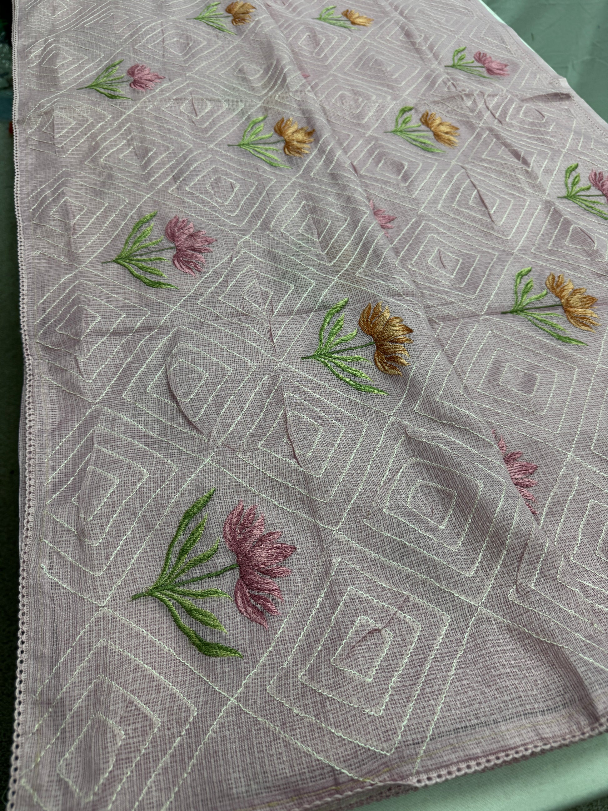 Laila | Soft Lavender Semi Kota Silk Saree | Pastel Floral Machine Embroidery image 4