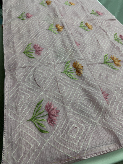 Laila | Soft Lavender Semi Kota Silk Saree | Pastel Floral Machine Embroidery image 4