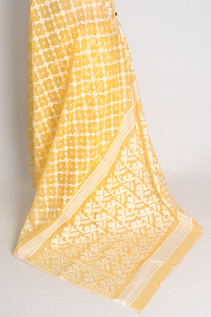 Urmi : Butter Yellow and White Soft Blended Cotton Bengali Jamdani Saree image 3