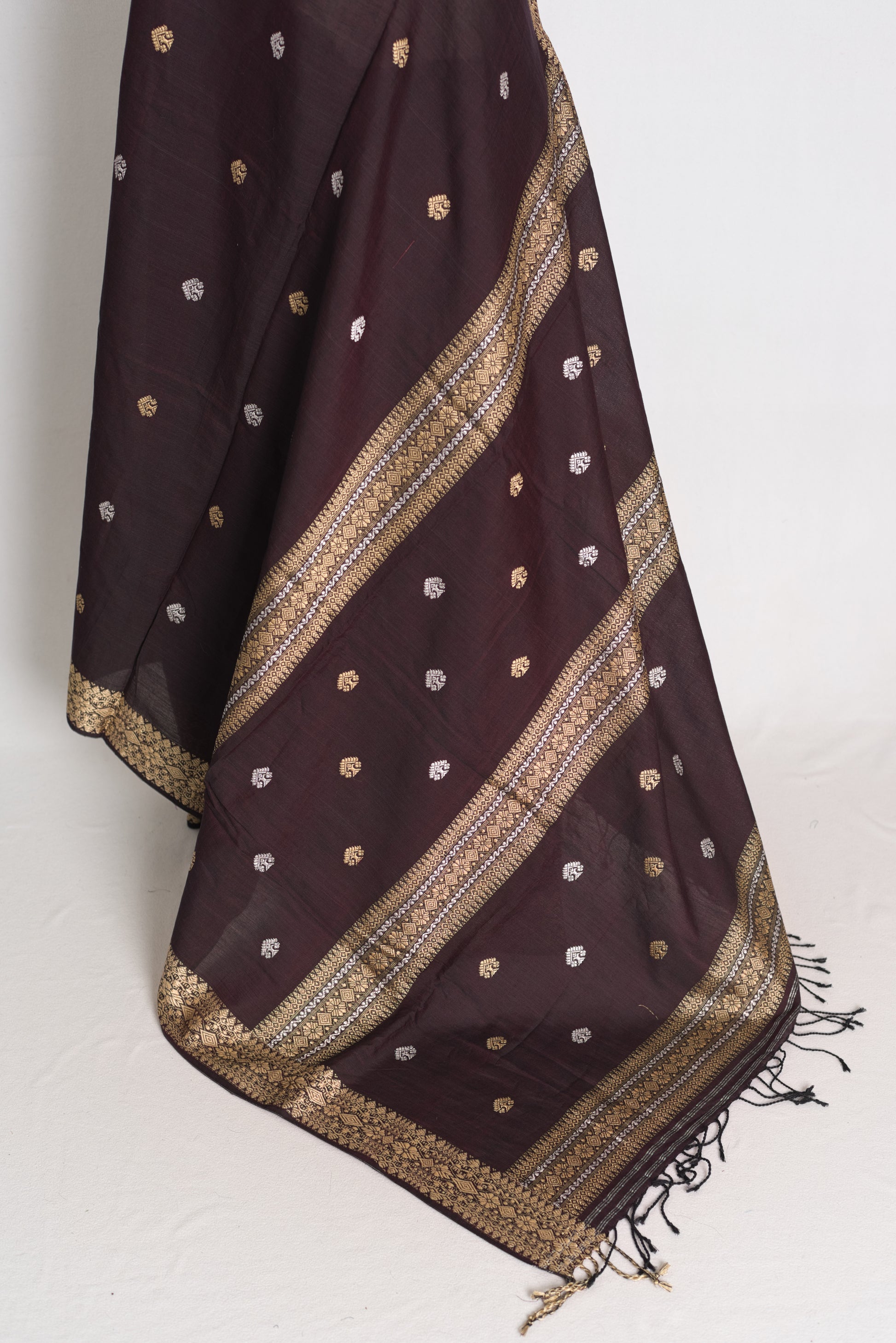 Gracy : Deep Coffee Brown Pure Cotton Assamese Handloom Saree image 3