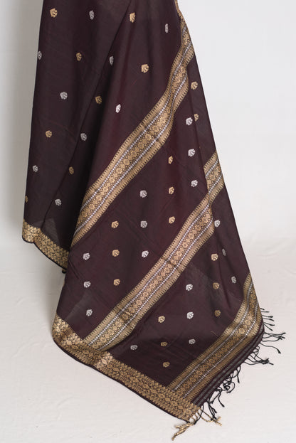 Gracy : Deep Coffee Brown Pure Cotton Assamese Handloom Saree image 3