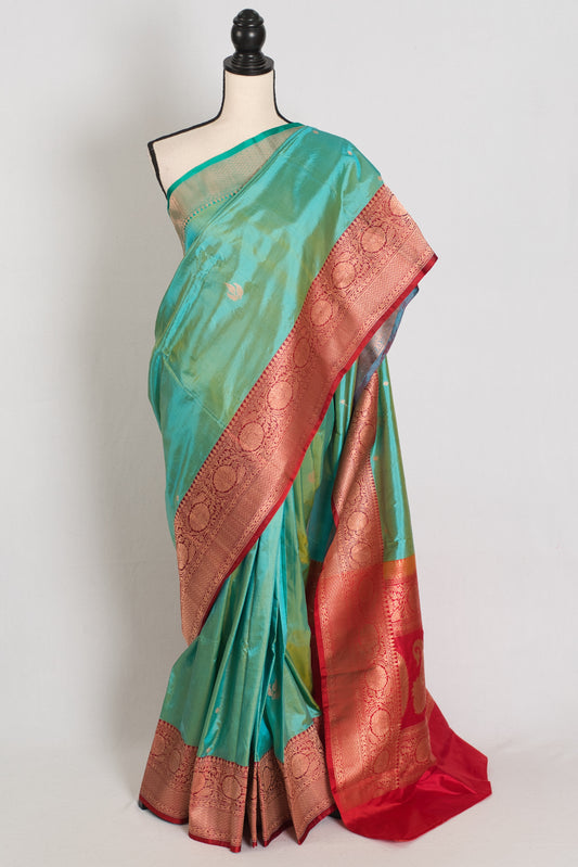 Nandini | Sea Green & Red Ganga Jamuna Border Banarasi Silk Saree image 0