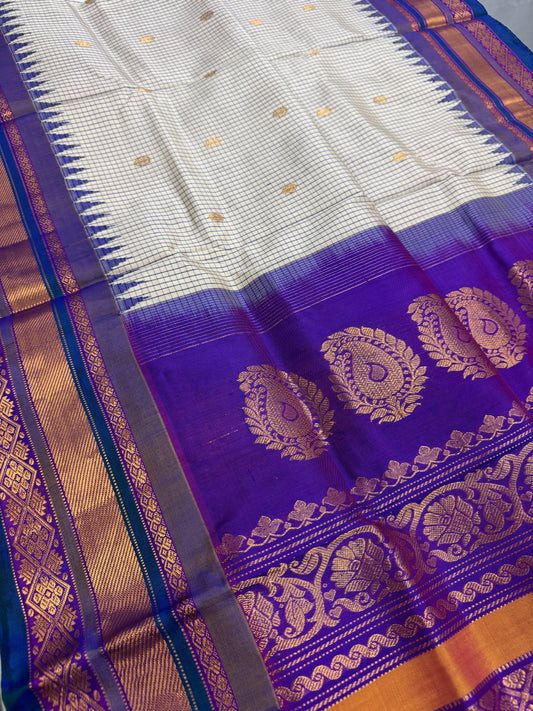 Vyanika - Handwoven Off White and Purple Traditional Gadwal Silk Saree image 0