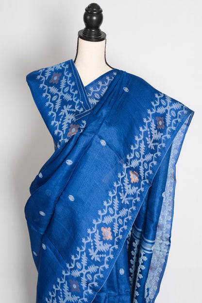 Jamini Royal Blue Bengal Tussar Jamdani Silk Saree | Silk Mark Certified image 3