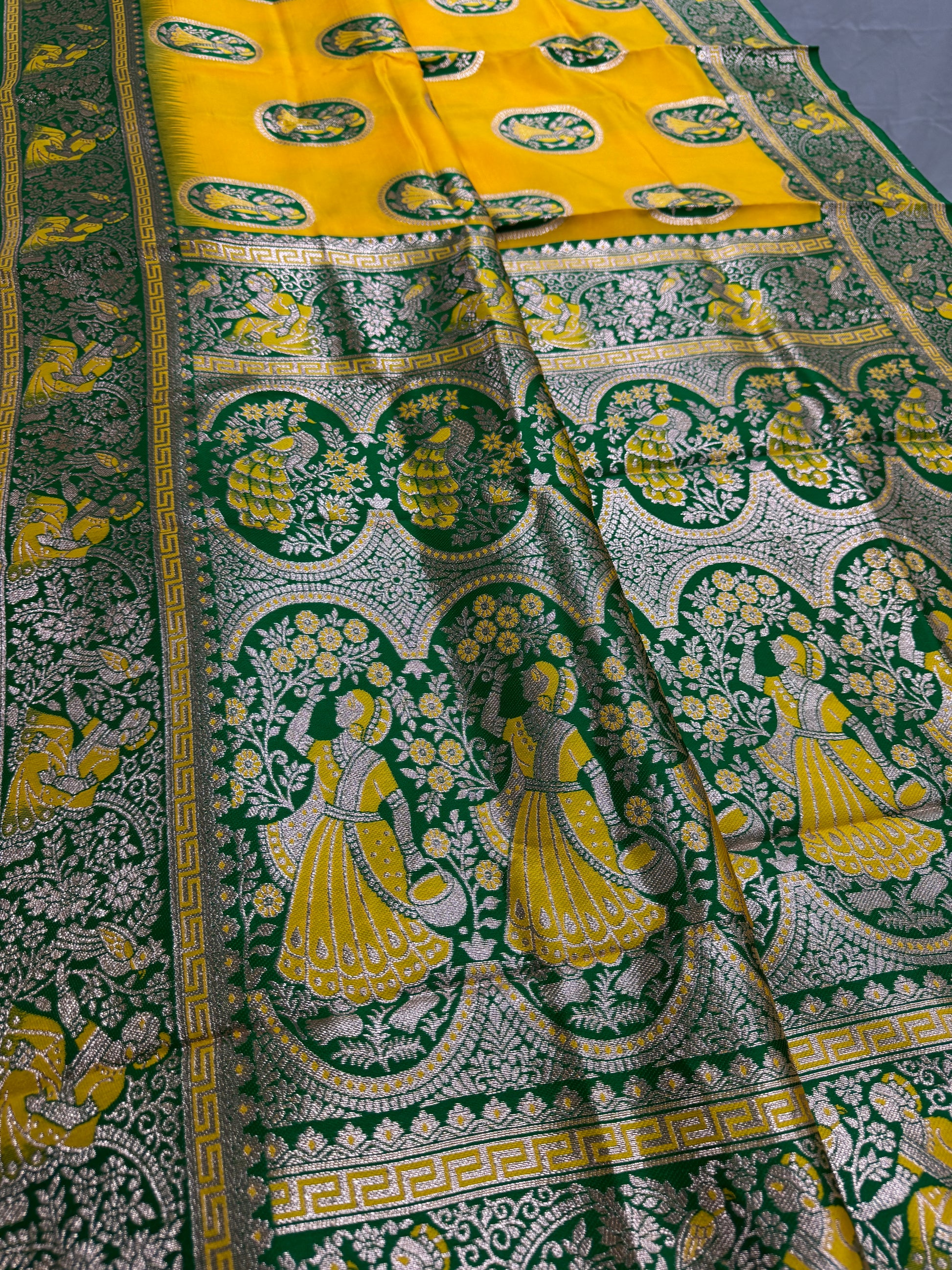 Pratima : Yellow and Green Baluchari Saree in Blended Silk image 2
