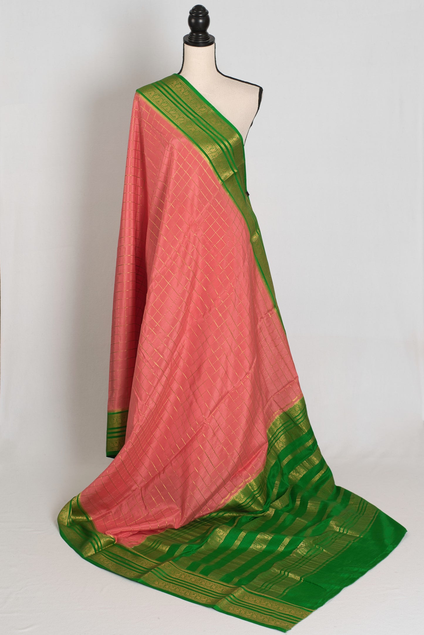 Padmini : Peach & Green Premium Mysore Silk Saree | Silk Mark Certified image 1