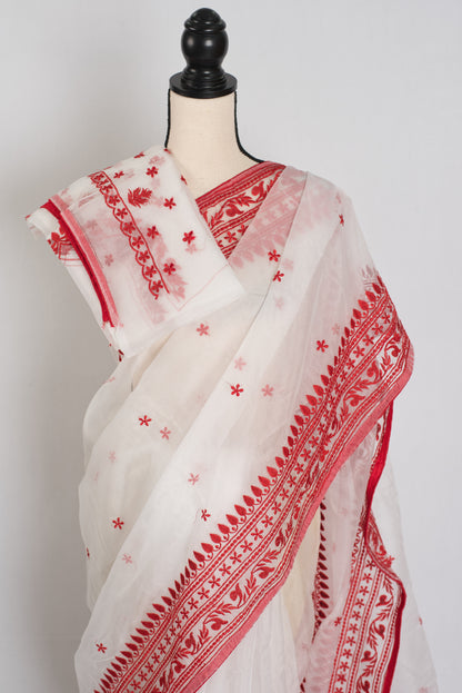 Noor : White and Red Semi Organza Embroidery Designer Saree image 2